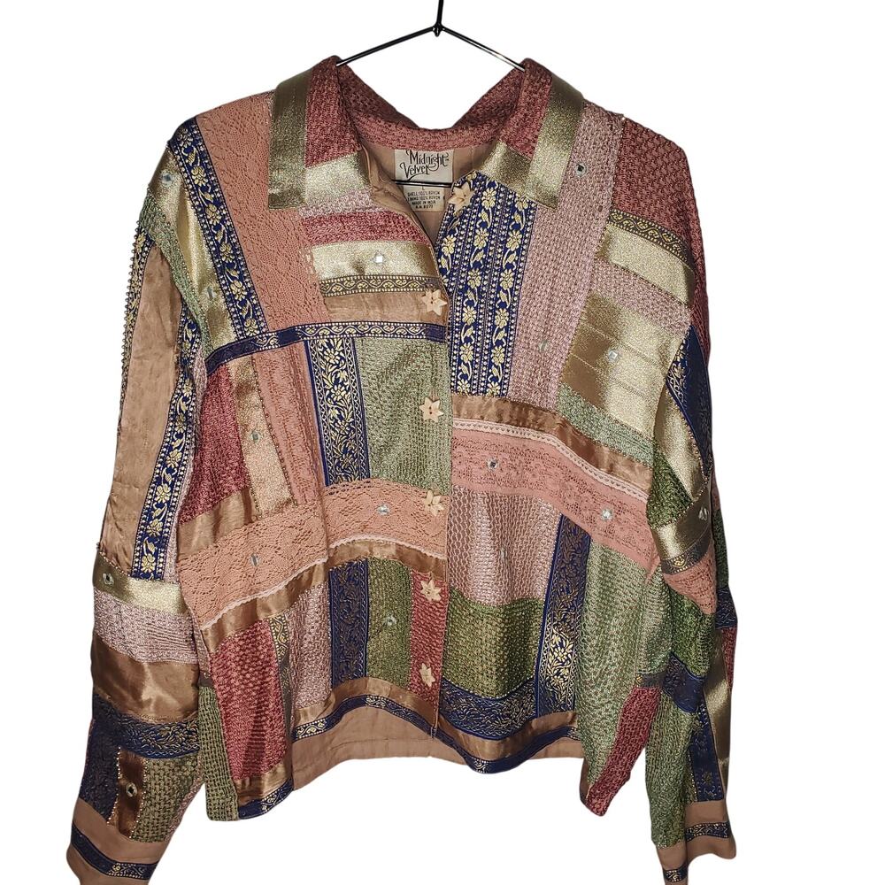 Vintage Midnight Velvet Patchwork Tapestry Jacket Shacket L Boho Artwear